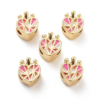 Heart with Crown Rack Plating Brass Enamel Beads, Cadmium Free & Lead Free, Long-Lasting Plated, Real 18K Gold Plated, 11x10x8.5mm, Hole: 3mm