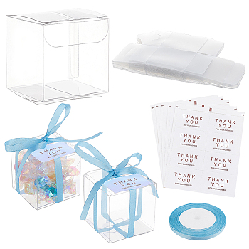 40Pcs Square PET Clear Party Favor Gift Box, and 25 Yards Single Face Satin Ribbon, 40Pcs Self-Adhesive Thank You Sealing Stickers, Light Blue, Finished Box: 5x5x5cm, Ribbon: 6mm, Sticker: 24x40mm
