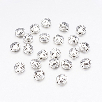 Tibetan Style Alloy Beads, Flat Round with Heart, Antique Silver, Lead Free & Cadmium Free & Nickel Free, 6x6x3mm, Hole: 1.5mm