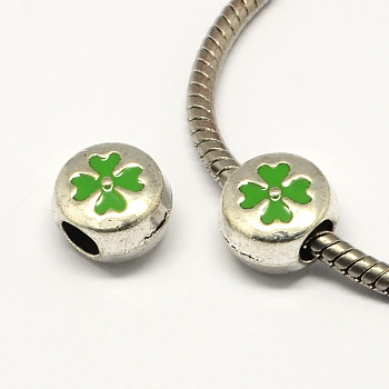 Clover Alloy Enamel Flat Round Large Hole European Beads, Antique Silver, Lime Green, 12x8mm, Hole: 4.5mm