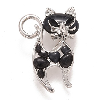 Rhinestone Cat Badge, Animal Alloy Lapel Pin for Backpack Clothes, Platinum, Jet, 45x30x9.5mm, Pin: 0.7mm
