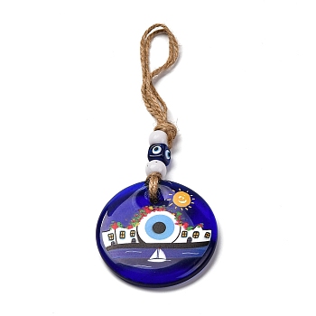 Flat Round with Evil Eye Lampwork Pendant Decoration, Resin Beads and Hemp Rope Hanging Ornaments, Dark Blue, 210~235mm