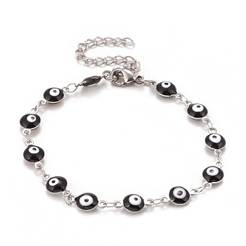 Enamel Oval with Evil Eye Link Chains Bracelet, 304 Stainless Steel Jewelry for Women, Stainless Steel Color, Black, 6-1/2 inch(16.5cm)