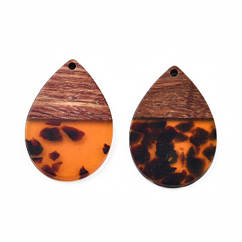 Transparent Resin & Walnut Wood Pendants, Teardrop Charm, Orange, 36x24.5x3mm, Hole: 2mm