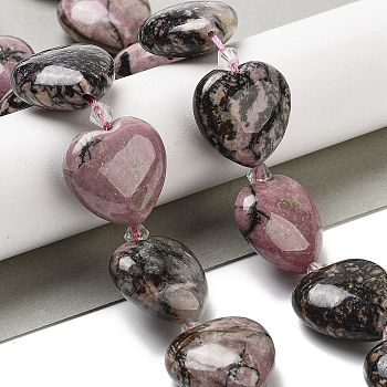 Natural Rhodonite Beads Strands, Heart, with Seed Beads, 19~19.5x20x10mm, Hole: 1.5mm, about 17pcs/strand, 15.75 inch(40cm)