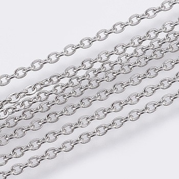 304 Stainless Steel Cable Chains, Soldered, Flat Oval, Stainless Steel Color, 1.8x1.4x0.35mm