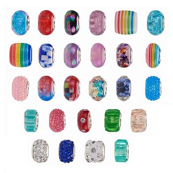 Acrylic & Resin & Polymer Clay Rhinestone European Beads, Large Hole Beads, with Silver Color Core, Rondelle, Mixed Color, Beads: 13.5~14x8~10mm, Hole: 5mm, 54pcs/bag