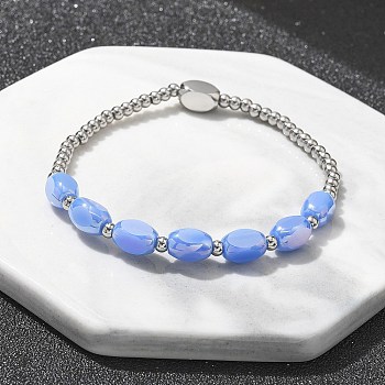 304 Stainless Steel Beads Stretch Breacelets for Women, wirh Oval Lampwork Beads, Stainless Steel Color, 1/4x3/8x1/4 inch(0.8x0.85x0.5cm), Inner Diameter: 2 inch(5cm)