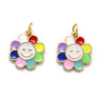 Brass Enamel Charms, Real 18K Gold Plated, Long-Lasting Plated, Flower, Colorful, 14.5x13x1.5mm, Hole: 3mm