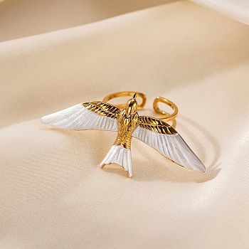 304 Stainless Steel Open Cuff Rings for Women, with Enamel, Golden, Bird, Bird: 23x47.5mm, Adjustable