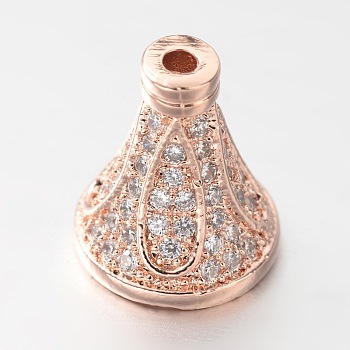 Brass Micro Pave Cubic Zirconia Bead Cones, Rose Gold, 10x10mm, Hole: 1mm & 4mm