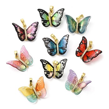 Brass Pendants, with Cubic Zirconia, Film, Long-Lasting Plated, Lead Free & Cadmium Free, Real 18K Gold Plated, Butterfly, Mixed Color, 16~17x23~14x6mm, Hole: 6x3.5mm