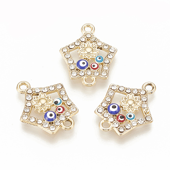 Alloy Rhinestone Links connectors, with Enamel, Star with Evil Eye, Light Gold, 21x16.5x2mm, Hole: 1.8mm