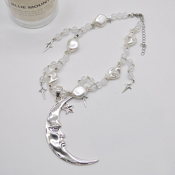 Moon Star Alloy & Silver Color Plastic Imitation Pearl Big Pendant Necklaces for Women, Platinum, 14.57 inch(37cm)