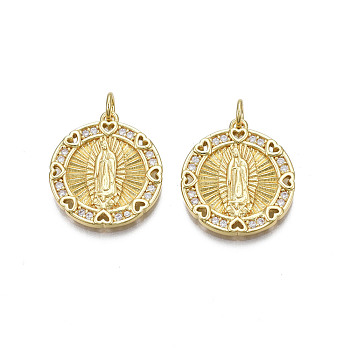 Brass Micro Pave Cubic Zirconia Pendants, Nickel Free, Real 18K Gold Plated, Flat Round with Saint, Clear, 20x18x2mm, Jump Ring 5x1mm, 3mm inner diameter