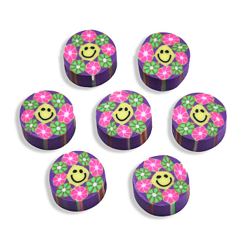 Handmade Polymer Clay Beads, Flat Round with Smiling Face & Flower, Blue Violet, 8.5~10x4.5mm, Hole: 1.5mm