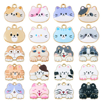 Pandahall Rack Plating Printed Alloy Pendants, Light Gold, Cat, Mixed Color, 16~18x18.5~20x2.5mm, Hole: 1.6~2.3mm, 2pcs/style