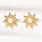 Brass Stud Earrings for Women, Sun, with ABS Plastic Imitation Pearl, Rack Plating, Long-Lasting Plated, Lead Free & Cadmium Free, Real 18K Gold Plated, 22x23mm(KK-CBA9D38-06G)