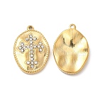 PVD Vacuum Plating 201 Stainless Steel with Rhinestone Pendants, Real 18K Gold Plated, Oval with Cross Pattern Charms, Crystal, 23x16x3.5mm, Hole: 1.2mm(STAS-J401-VC995)