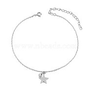 SHEGRACE Rhodium Plated 925 Sterling Silver Charm Anklet, with AAA Cubic Zirconia, Star and Flat Round, Platinum, 8.3 inch(21cm)(JA75A)