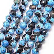 Natural Fire Crackle Agate Bead Strands, Round, Grade A, Faceted, Dyed & Heated, Deep Sky Blue, 8mm, Hole: 1mm, about 47pcs/strand, 15 inch(G-K166-06F-8mm-02)