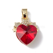 Real 18K Gold Plated Rack Plating Brass Micro Pave Clear Cubic Zirconia Pendants, with Glass, Long-Lasting Plated, Cadmium Free & Lead Free, Heart with Star Charm, Red, 19.5x15.5x8mm, Hole: 6x3mm(KK-C015-08G-08)