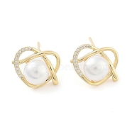 Heart Brass with Glass Stud Earrings, with Plastic Pearl, Light Gold, 12.5x15.5mm(EJEW-Q800-08KCG)