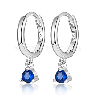 Rhodium Plated Platinum 925 Sterling Silver Hoop Earrings, with Cubic Zirconia Diamond Charms, with S925 Stamp, Blue, 17mm(MN0975-03)