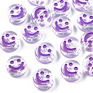 Transparent Acrylic Beads, Horizontal Hole, with Glitter Powder & Enamel, Flat Round with Smile Face, Dark Violet, 10x5mm, Hole: 2mm, about 1600pcs/500g(MACR-N008-55D)