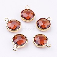 Golden Tone Brass Glass Flat Round Charms, Faceted, Orange Red, 14x10.5x5mm, Hole: 1.5mm(X-GLAA-M003-B-11G)