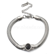 304 Stainless Steel Bracelets, with Oval Cat Eye, Stainless Steel Color, 6-3/4x1/4 inch(17.3x0.6cm)(BJEW-R003-05P-01)