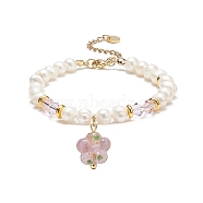 Lampwork Flower Charm Bracelet, Natural Pearl & Glass Beaded Dainty Bracelet for Women, Violet, 7-1/2 inch(19cm)(BJEW-TA00177-03)