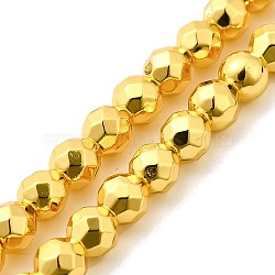 Electroplated Synthetic Non-magnetic Hematite Beads Strands, Faceted, Round, Golden Plated, 5mm, Hole: 0.8mm, about 83pcs/strand, 15.55 inch(39.5cm)(G-L613-C01-02)