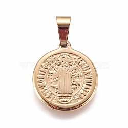 304 Stainless Steel Pendants, Flat Round with Saint Benedict, Golden, 20x17.5x2mm, Hole: 7x4mm(STAS-L222-01G)