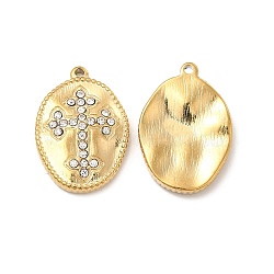 PVD Vacuum Plating 201 Stainless Steel with Rhinestone Pendants, Real 18K Gold Plated, Oval with Cross Pattern Charms, Crystal, 23x16x3.5mm, Hole: 1.2mm(STAS-J401-VC995)