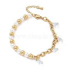 Clear Cubic Zirconia Charms Bracelet, Plastic Pearl & 201 Stainless Steel Beaded Bracelet with Vacuum Plating 304 Stainless Steel Curb Chains for Women, Golden, 7-1/2 inch(19cm)(BJEW-A126-01G)
