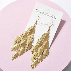 304 Stainless Steel Dangle Earrings, Ion Plating(IP), Leaf, Golden, 105x38mm(EJEW-S253-07C-G)