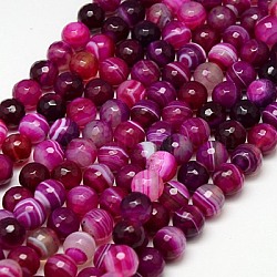 Natural Striped Agate/Banded Agate Beads Strands, Faceted, Dyed, Round, Medium Violet Red, 10mm, Hole: 1.2mm, about 38pcs/strand, 15 inch(X-G-G581-10mm-13)