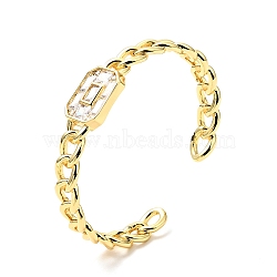 Clear Cubic Zirconia Rectangle Open Cuff Bangle, Brass Curb Chains Shape Bangle for Women, Cadmium Free & Nickel Free & Lead Free, Real 18K Gold Plated, Inner Diameter: 2-1/4 inch(5.8cm)(BJEW-J165-06G)