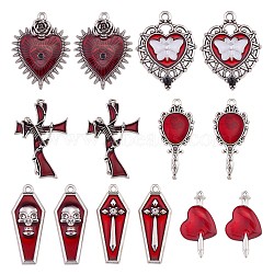 14Pcs 7 Style Halloween Alloy Rhinestone Pendants, with Enamel, for DIY Necklace Bracelet Earring Accessories, Heart with butterfly & Cross & Mirror, Platinum, 30x25mm, 2pcs/style(JX160A)