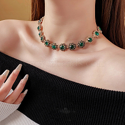 Alloy Full Rhinestone Flower Link Chain Necklaces for Women, Golden, Emerald, 16.34 inch(41.5cm)(WGB743E-04)