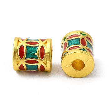 Alloy Enamel Beads, Rack Plating, Column with Coin Pattern, Matte Gold Color, Dark Cyan, 9.5x8mm, Hole: 3mm