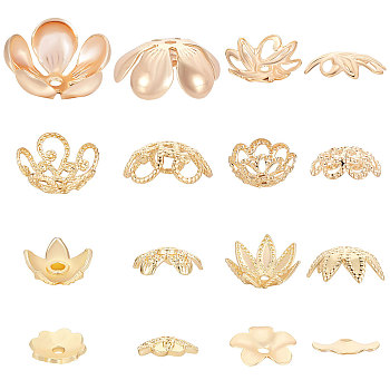 80Pcs 8 Style Brass Bead Caps, Flower, Real 18K Gold Plated, 4~13.5x4~13.5x1.5~6mm, Hole: 0.9~1.4mm, 10pcs/style