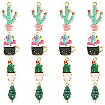 16Pcs 4 Styles Alloy Enamel Pendants, Plant & Cactus Charms, Mixed Color, 20~29x8~16x1~1.5mm, Hole: 1.5~2mm, 4pcs/style