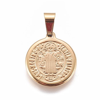 304 Stainless Steel Pendants, Flat Round with Saint Benedict, Golden, 20x17.5x2mm, Hole: 7x4mm