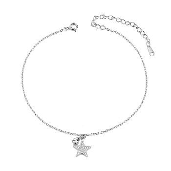 SHEGRACE Rhodium Plated 925 Sterling Silver Charm Anklet, with AAA Cubic Zirconia, Star and Flat Round, Platinum, 8.3 inch(21cm)