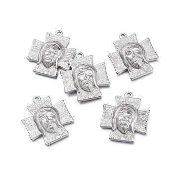 Easter 304 Stainless Steel Pendants, Cross with Jesus, Stainless Steel Color, 33.5x30x6.5mm, Hole: 2.5mm