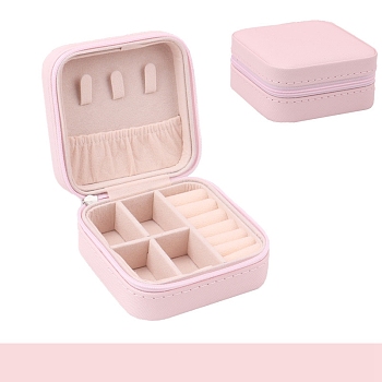 Square PU Leather Jewelry Set Box, Travel Portable Jewelry Case, Zipper Storage Boxes, for Necklaces, Rings, Earrings and Pendants, Misty Rose, 10x10x5cm