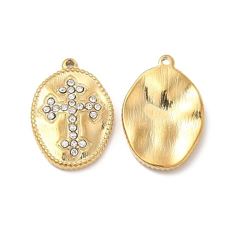 Vacuum Plating 201 Stainless Steel with Rhinestone Pendants, Real 18K Gold Plated, Oval with Cross Pattern Charms, Crystal, 23x16x3.5mm, Hole: 1.2mm