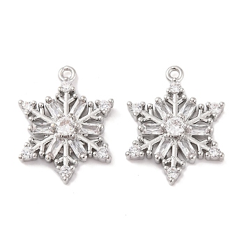 Brass Micro Pave Clear Cubic Zirconia Pendants, Christmas Snowflake, Platinum, 18x14x3.5mm, Hole: 1.2mm